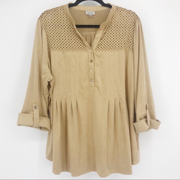 Avenue Tops - 22/24 Avenue Faux Suede Pleated Laser Cut Blouse